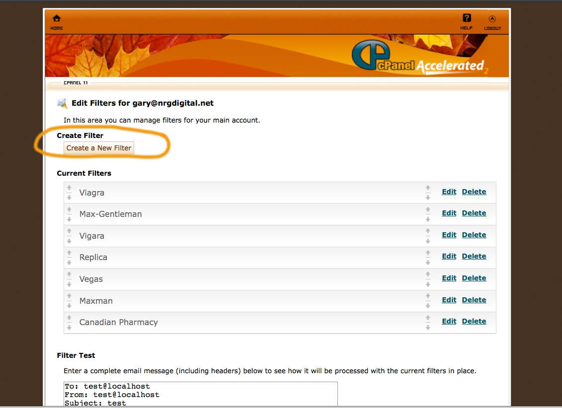 Screen shot showing email filter 2 of 2